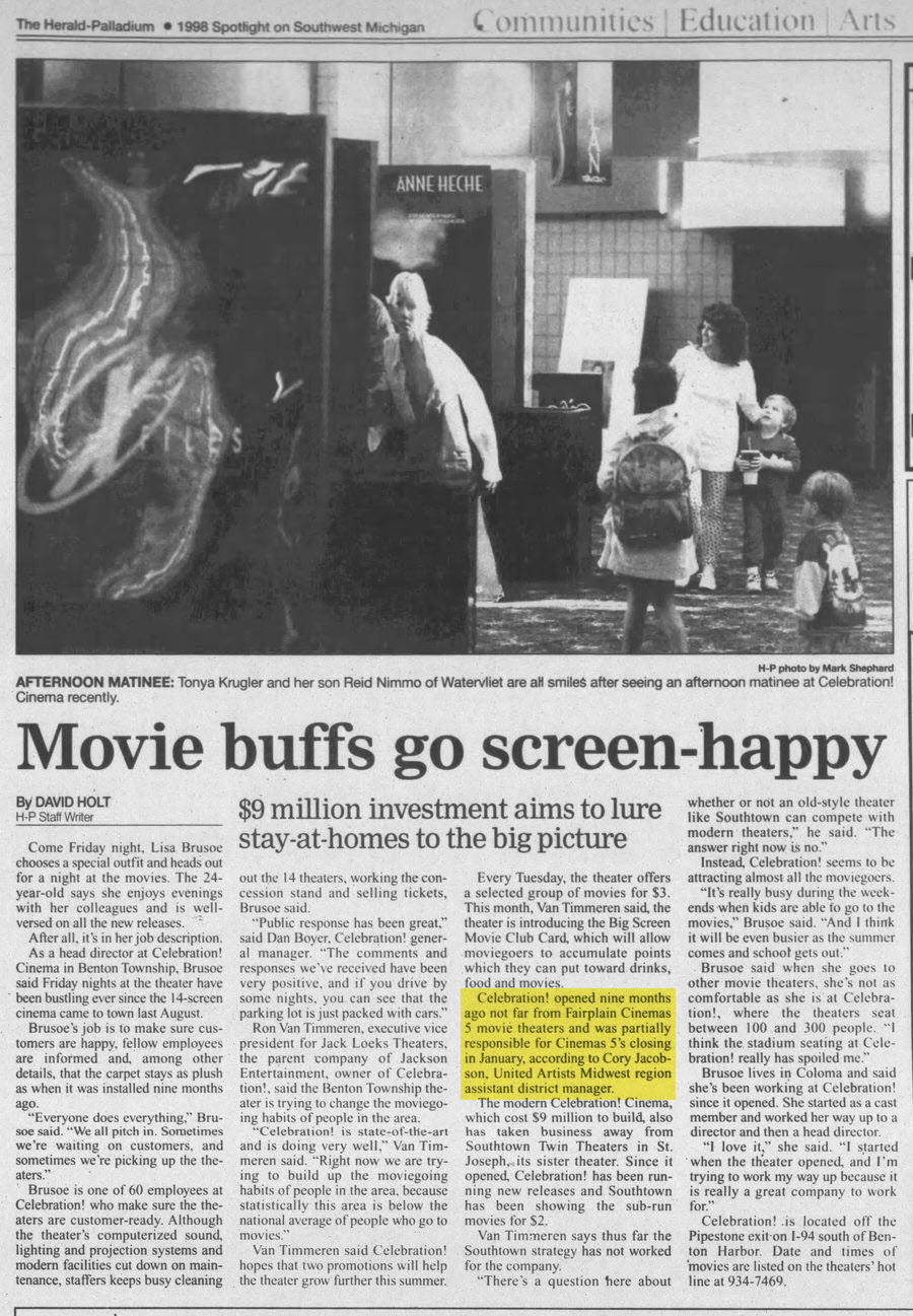 Fairplain Cinemas 5 - 1998 Article On Celebration Competition Hurting Fairplain